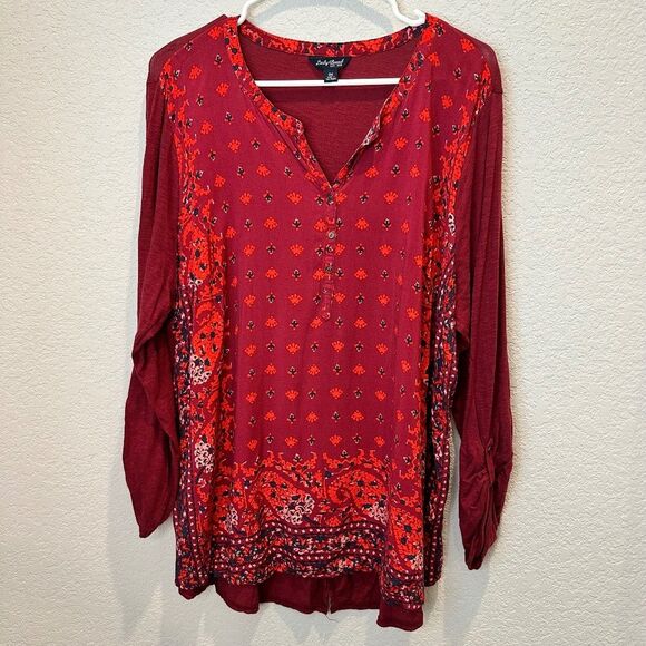 Lucky Brand Red Handkerchief Contrast Fabric Split Neck Blouse - Size 2X - EUC - Picture 1 of 6